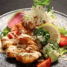 Fried shrimp dressed with mayonnaise