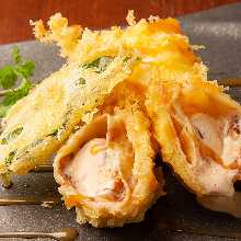 Tempura with mascarpone and tiramisu ice cream with burnt caramel sauce