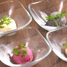 Yuzu ice cream or black sesame ice cream or red grape sorbet or vanilla ice cream