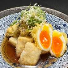 Soft-boiled egg tempura and fried maitake mushrooms