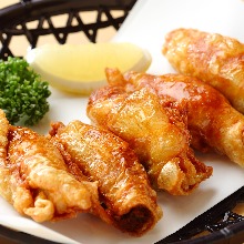 Chicken skin filled with gyoza stuffing