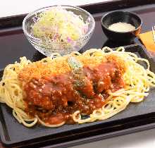 Pasta with meat sauce, topped with pork cutlet