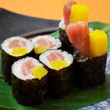 Fatty tuna and pickled radish sushi rolls