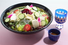 Cold wheat noodles served in a salad