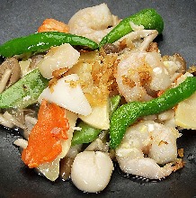 Stir-fried shrimp, squid, and scallops with XO sauce