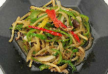 Stir-fried julienne green pepper, bamboo shoots, and scezhuan pickles
