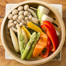 Vegetables steamed in a bamboo steamer