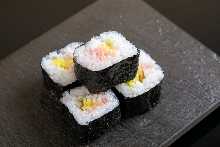 Fatty tuna and pickled radish sushi rolls