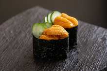 Raw sea urchin gunkan sushi rolls