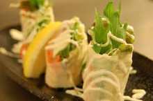 Shrimp and vegetable spring roll wrapped in raw yuba (tofu skin)