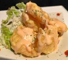 Fried shrimp dressed with mayonnaise