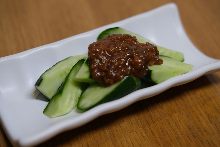 Cucumbers with miso flavored ground meat