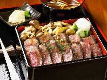 Wagyu beef steak in a lacquered box