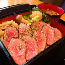 Wagyu beef steak in a lacquered box