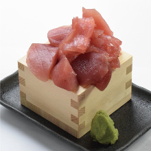 Chopped tuna served in a masu (Japanese wooden square measuring cup)