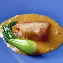 Shark fin steak from the hairy shark (with Shanghai crab miso sauce)