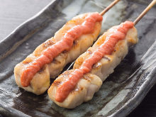 Chicken tenderloin skewer with mentaiko