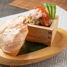 Potato Salad with Crab Meat and Salmon Roe on Crab Miso