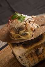 Grilled Autumn Salmon and Mushrooms with Kinzanji Miso and Cheese
