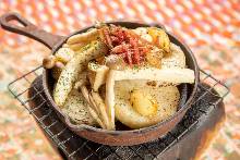 Pan-Fried Mushrooms and Nagaimo Yam with Salt, Garlic, and Butter
