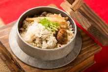 Kamameshi (Pot Rice) with Matsutake Mushrooms and Autumn Pike Conger (Hamo)