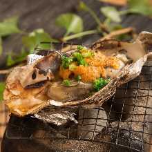 Grilled oysters and spinach with sea urchin soy sauce
