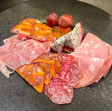 Assortment of Prosciutto, Salami, and Fruits