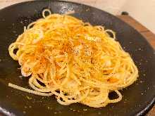 Aglio Olio with Boiled Sakura Shrimp and Wakayama Bamboo Shoots, topped with Bottarga