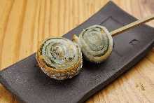  Charcoal-Grilled Skewers of Beltfish Wrapped with Shiso