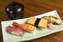 Assorted nigiri sushi with miso soup Assorted nigiri sushi with miso soup