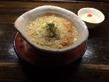 Chinese noodles in cloudy white bone broth