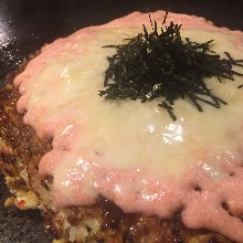 Spicy marinated cod roe, mochi, and cheese okonomiyaki