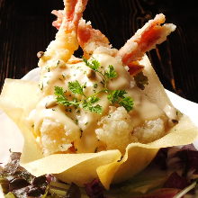 Fried shrimp dressed with mayonnaise
