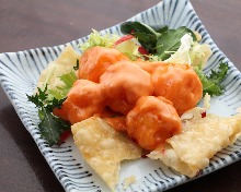 Fried shrimp dressed with mayonnaise