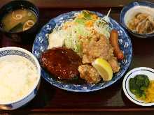 Hamburg steak and fried chicken set meal