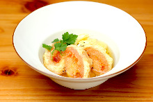 Deep-fried mozzarella cheese in broth