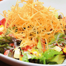 Salad topped with crispy fried noodles