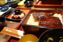 Eel served over rice in a lacquered box Eel served over rice in a lacquered box