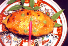Simmered eggplant with shrimp ankake