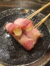 Bacon wrapped camembert cheese skewer