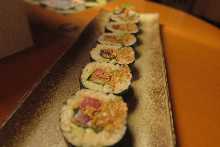 Fatty tuna and pickled radish sushi rolls