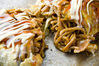 Yakisoba noodles with cheese in an omelet
