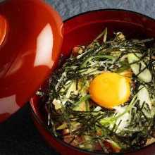 Oyako-don (chicken and egg rice bowl) with chicken bones soup