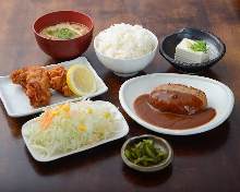 Hamburg steak and fried chicken set meal