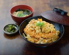 Breaded pork on rice and udon with deep-fried tofu or soba set meal