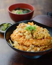 Breaded pork on rice and soba with dipping sauce or udon set meal