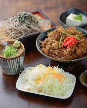 Beef rib bowl and udon with deep-fried tofu or soba set meal