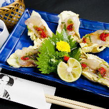 Assorted cuts of pufferfish sashimi