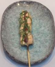 Skewered chicken tenderloin with plum and perilla