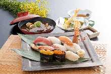 Assorted of high-quality sushi (nine pieces) with tempura and red miso soup